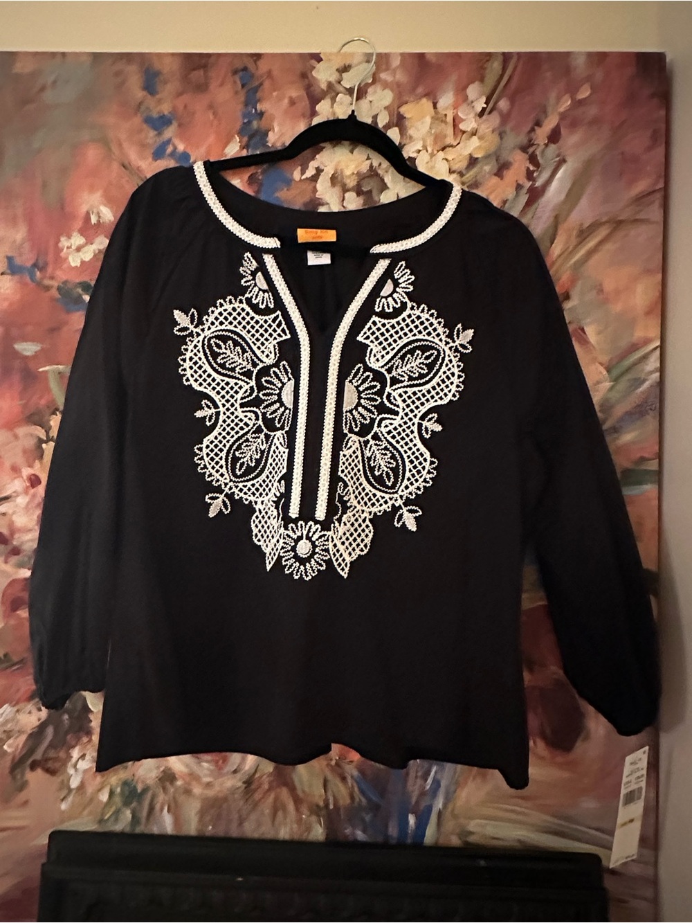 Ruby Rd. Black white Embroidered Split-Neck Women's Top